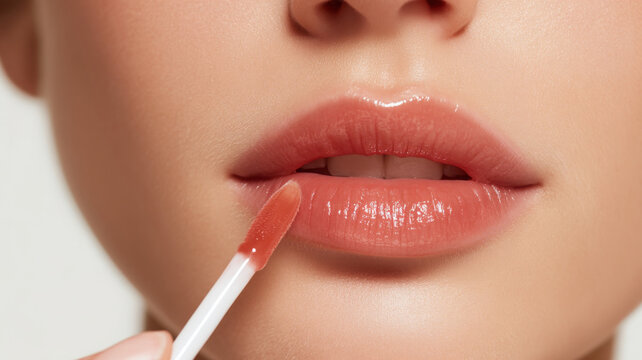 Close up of lips while applying tinted lip gloss, showcasing glossy finish and beauty routine