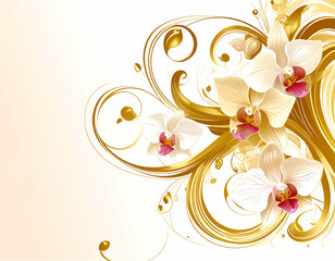 Elegant floral design featuring orchids with golden swirls on a soft background.