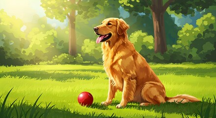 Happy Golden Retriever in Park  Cheerful Pet Illustration
