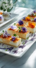 Elegant rectangular cheesecake bars, adorned with edible flowers and a purple glaze, are artfully arranged on a white rectangular platter.