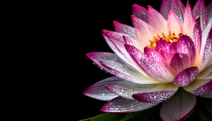 A close-up of a vibrant pink lotus flower with droplets on its petals against a dark background.