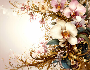 A decorative floral design featuring orchids and elegant swirls.