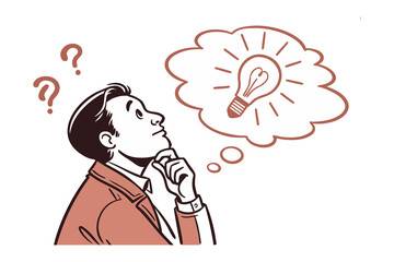 Idea Generation: A vintage-styled illustration depicts a thoughtful man pondering a radiant lightbulb, symbolizing a spark of creativity and innovative thought.