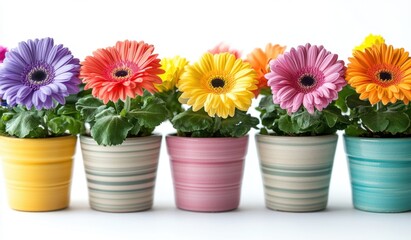 Fototapeta premium Vibrant Collection of Potted Gerbera Daisies in Various Colors, Showcasing Their Bright Petals and Lush Green Foliage for Spring Decor Inspiration