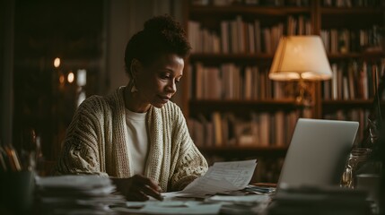An African-American young business intern is working late at her desk with papers and a laptop. 