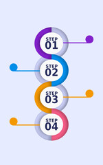 Colorful step-by-step infographic template with four circular steps connected vertically. Each step is numbered and labeled with vibrant colors, ideal for business processes, workflow presentations