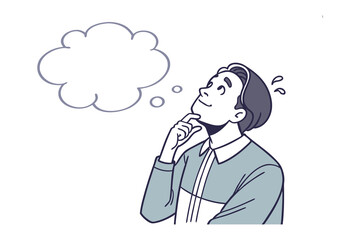 Moment of Contemplation: A thoughtful individual gazes upward, lost in the ethereal realm of ideas, framed by a blank thought bubble, sparking curiosity. 