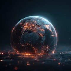 A digital globe, glowing with city lights and interconnected lines, rests on a shimmering, dark surface