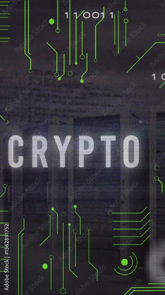 Poster animation of crypto text, binary codes, computer language over data server racks