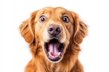 Cheerful Golden Retriever with Exaggerated Expression of Excitement and Joy Captured on a Plain White Background