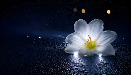 A serene white flower resting on a wet surface, illuminated by soft lights in the rain.