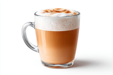 Creamy latte in glass mug topped with milk foam and cinnamon, perfect for coffee lovers