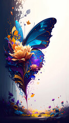 A vibrant butterfly emerges from colorful flowers, blending nature and artistry.