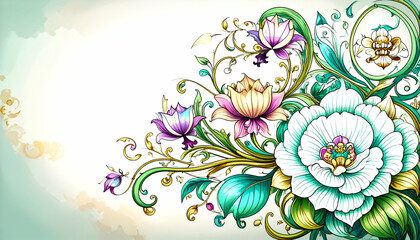 A vibrant floral design featuring colorful flowers and intricate swirls.