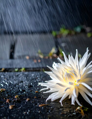 A white flower illuminated by rain, resting on a wet surface.