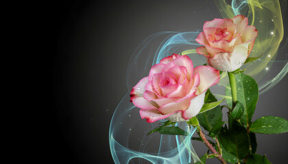 A close-up of pink and white roses with water droplets against a dark background.