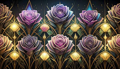 A decorative pattern featuring stylized roses in purple and gold tones.