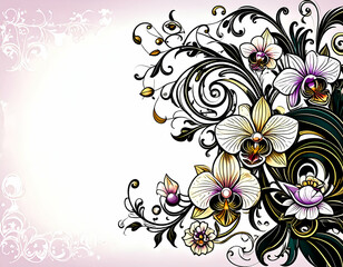 A decorative floral design featuring orchids and swirling patterns on a light background.