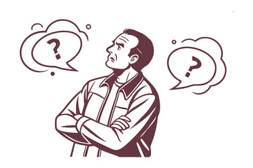 Thoughtful Contemplation: A man's silhouette, amidst swirling thought bubbles, is etched against a neutral backdrop. The art style and composition capture a feeling of deep thought and confusion.