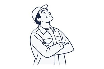 Hopeful Construction Worker: A cheerful construction worker wearing a cap, smiles upwards with arms crossed, possibly daydreaming about the future. The image is a line drawing with fine details.