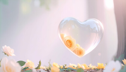 A heart-shaped glass container with yellow roses, surrounded by soft, dreamy lighting.