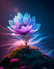 A glowing, surreal flower atop a vibrant hill, surrounded by ethereal light.