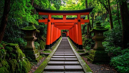 社の朱色の鳥居と石段が続く神秘的な参道風景