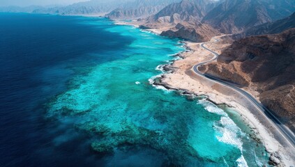 Aerial view of a coastal highway curving along a turquoise ocean, with rugged mountains in the background