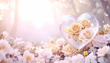 A heart-shaped glass display with roses surrounded by soft blossoms in a dreamy setting.