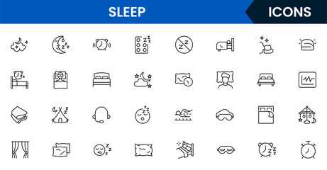 Sleep line icon collection. Morning, bed, pillow, sleepy, day dreaming, night, blanket, and deep sleep icon set. UI outline icon pack