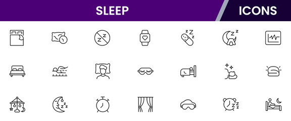 Sleep line icon collection. Morning, bed, pillow, sleepy, day dreaming, night, blanket, and deep sleep icon set. UI outline icon pack