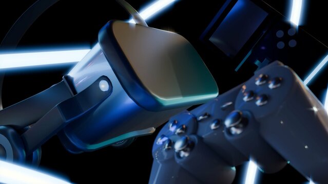 A 3d rendering of a three distinct pieces of gaming technology, a game controller, a virtual reality (VR) headset and a handheld gaming console.