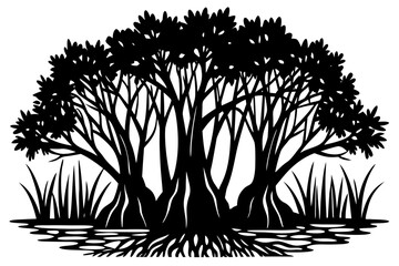 Silhouette Vector Art Illustration of Mangrove Tree With Roots Line Art