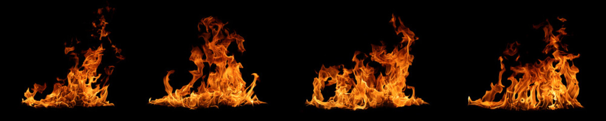 Abstract flames collection isolated on black background. Different burning effects. Flames in the...