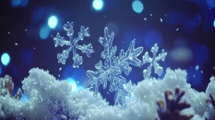 Fototapeta premium Sparkling, clear snowflakes resting in a bed of snow, surrounded by bokeh lights.