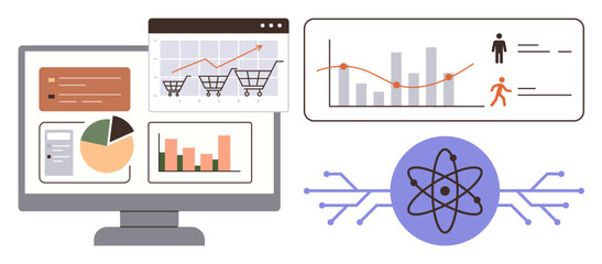 Computer screen with graphs, charts, shopping cart trends, and atom symbol. Ideal for analytics, e-commerce, statistics, AI science business strategy and innovation themes. A simple flat metaphor