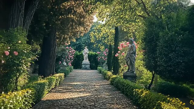 Serene garden pathway lined with blooming roses and classical statues under a warm afternoon sun