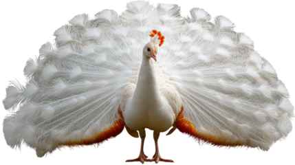 Grace of Albino Peacock: A stunning albino peacock with a majestic display of immaculate white feathers, embodying elegance and the purity of nature.