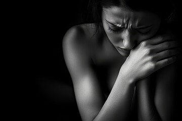 Young woman gripping her  due to abdominal pain, portraying physical discomfort caused by digestive issues or menstrual cramps, Generative AI