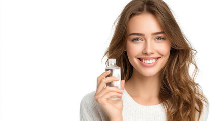 Cheerful teen girl holding clear bottle of toner, radiating confidence and beauty