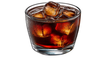 Refreshing glass of dark soda with ice cubes and condensation isolated on transparent background