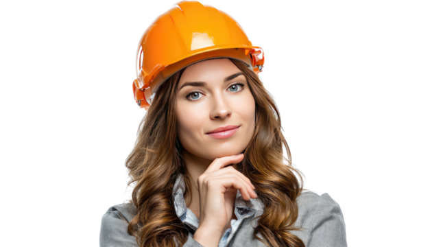 Confident Construction Worker: A determined young woman, adorned in a construction helmet, gazes thoughtfully, embodying diligence, planning, and expertise in the construction field.