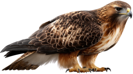 Hawk's Majestic Stance: A close-up portrait of a majestic hawk, showcasing its powerful physique and intense gaze, standing tall against a bright background.