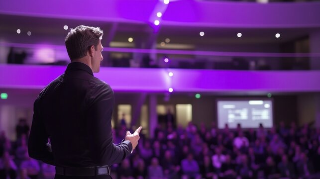 Speaker on stage addressing a large audience in a modern conference hall.