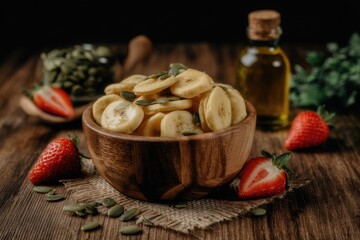 Wooden bowl of sliced bananas, pumpkin seeds, and strawberries