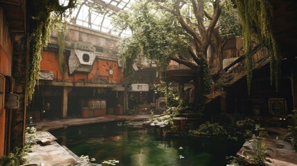 Lush overgrown interior courtyard