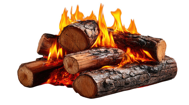 Burning Logs: A close-up shot of fire flames atop of the pile of logs which symbolizes warmth, energy, and primal beauty, the fiery dance evokes a sense of cozy, and rustic charm.