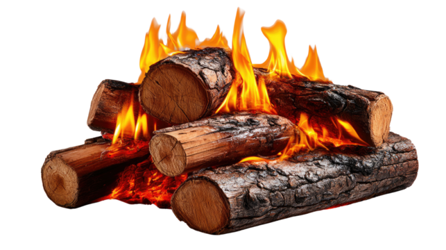 Burning Logs: A close-up shot of fire flames atop of the pile of logs which symbolizes warmth, energy, and primal beauty, the fiery dance evokes a sense of cozy, and rustic charm.