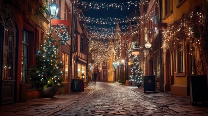 Cobblestone street glows with Christmas lights and decorated trees at night