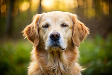 A golden retriever is sitting in a grassy field